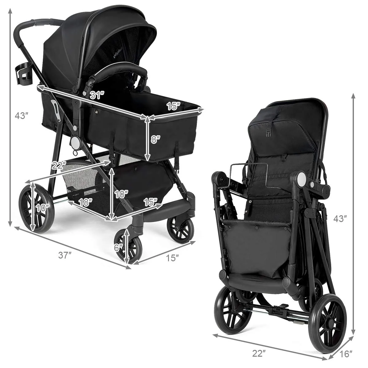 Baby Stroller, 2 in 1 Convertible Carriage Bassinet to Stroller