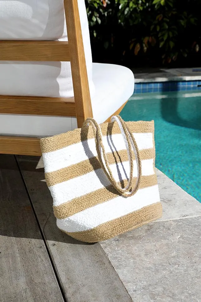 Beach Bag - White & Natural Stripe