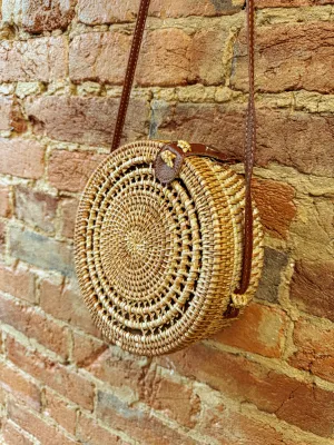 Beachy Boho Rattan Circle Basket Bag, Bohemian Purse