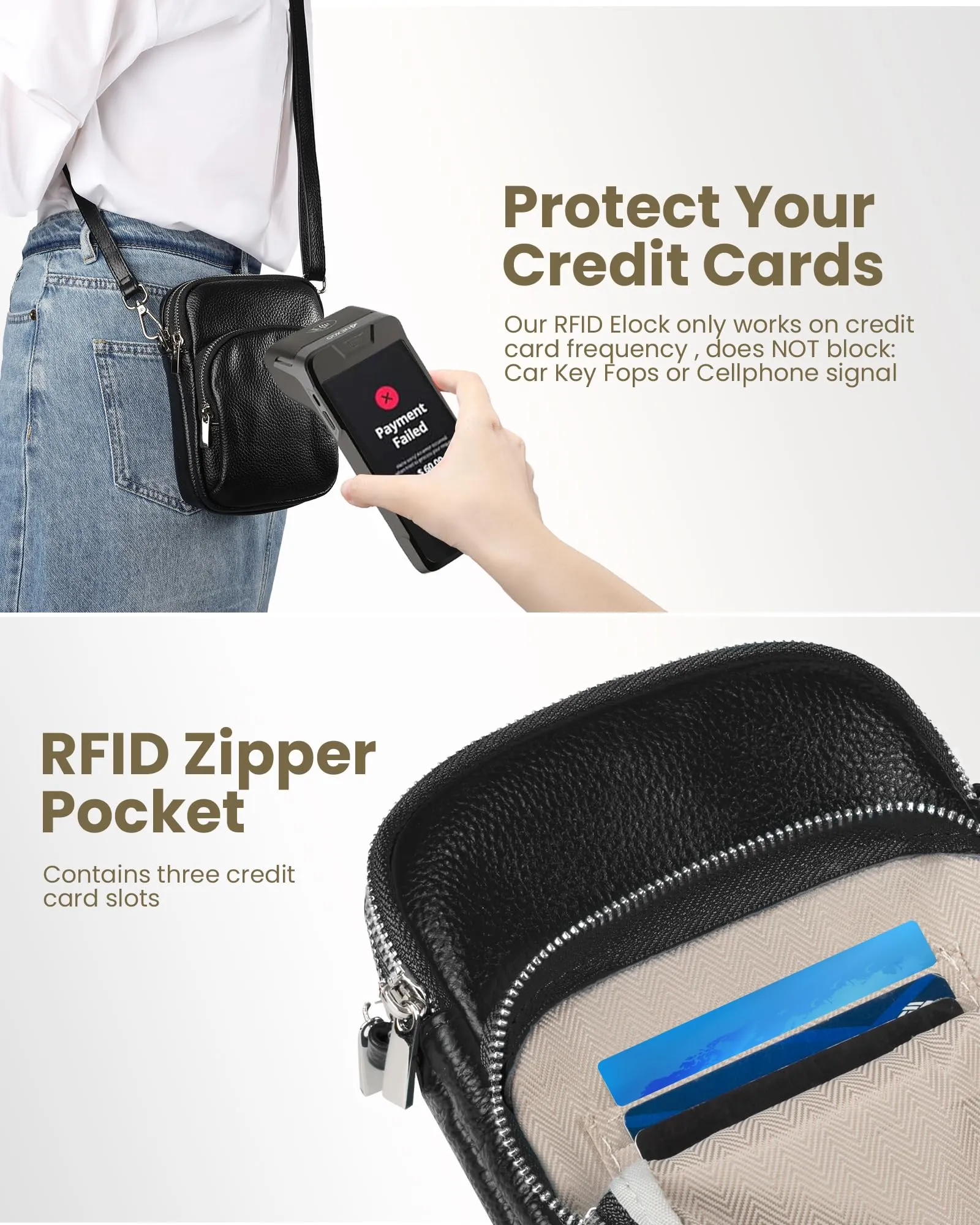 befen Small Black Genuine Leather Cross Body Bags for Women, Women's Adjustable Shoulder Strap Crossbody Purse Bag with Cell Phone Pocket and RFID Card Slots