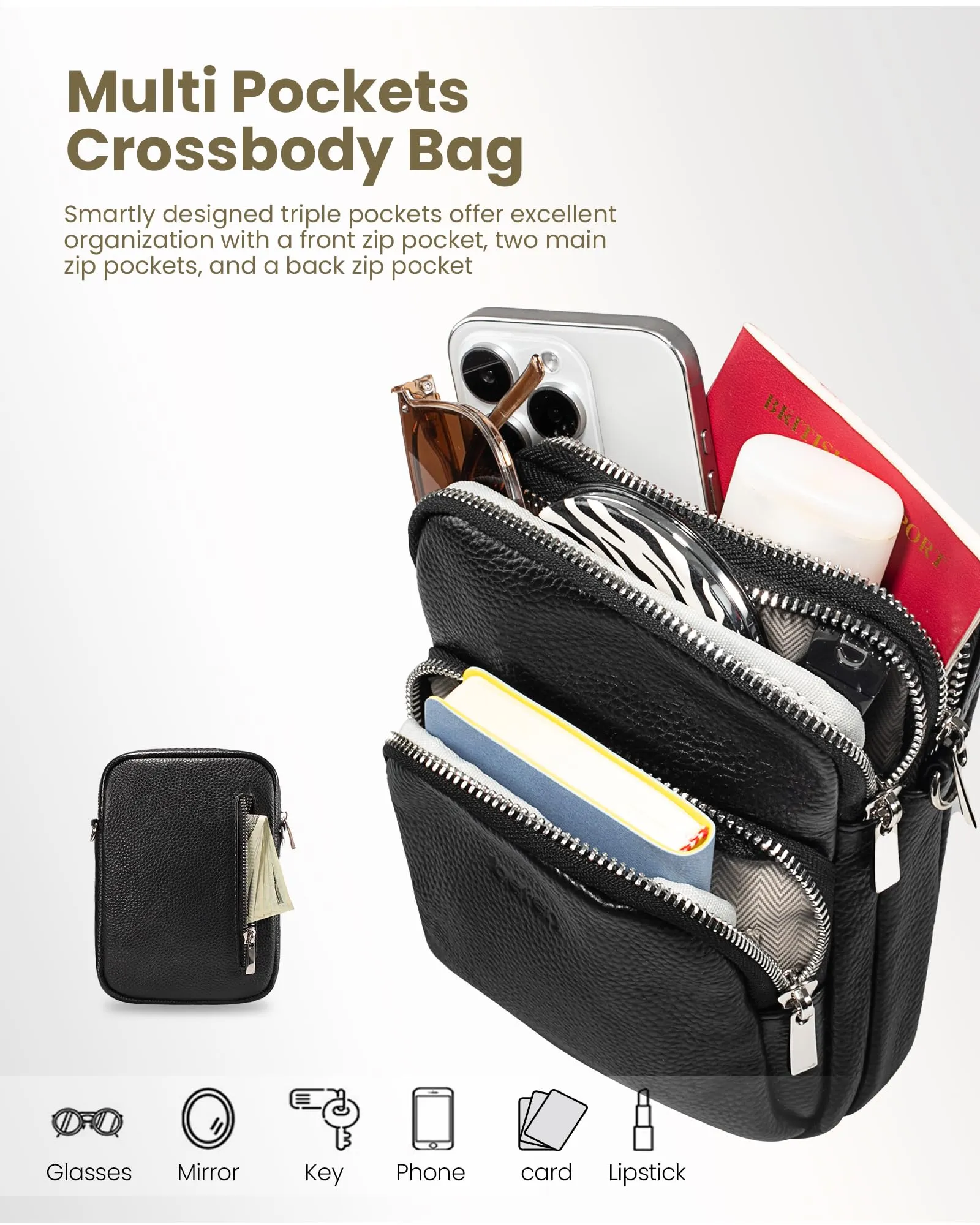 befen Small Black Genuine Leather Cross Body Bags for Women, Women's Adjustable Shoulder Strap Crossbody Purse Bag with Cell Phone Pocket and RFID Card Slots