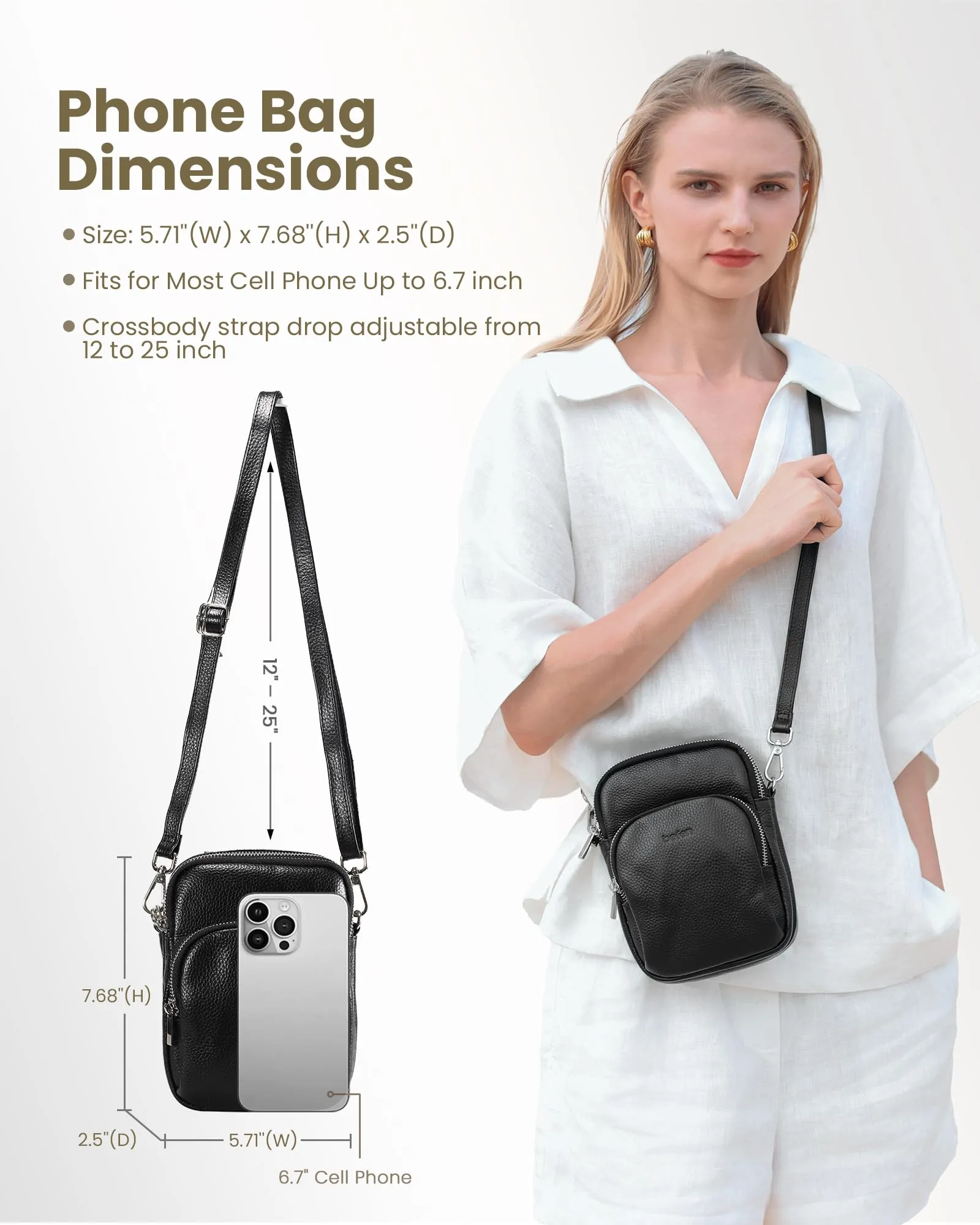 befen Small Black Genuine Leather Cross Body Bags for Women, Women's Adjustable Shoulder Strap Crossbody Purse Bag with Cell Phone Pocket and RFID Card Slots
