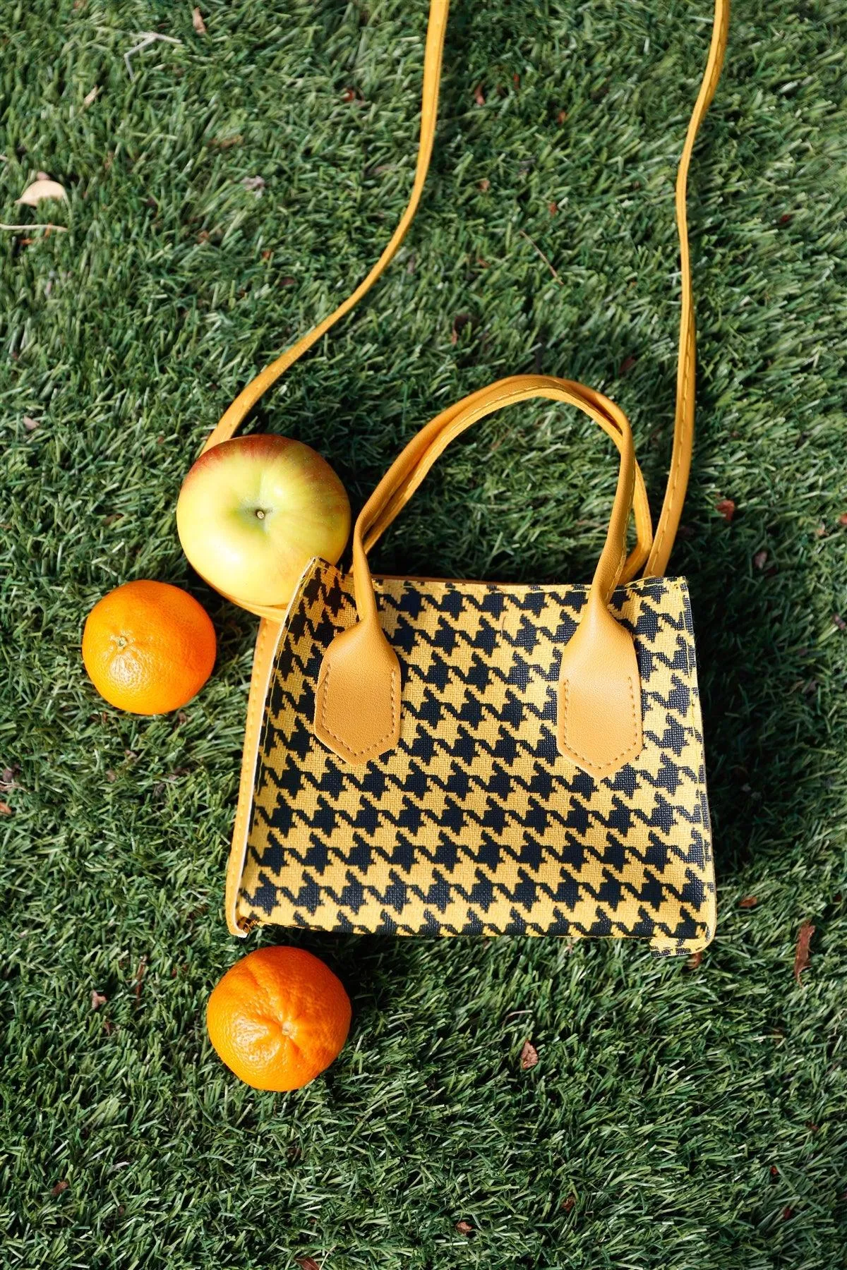Black Yellow Houndstooth Two Handles Small Handbag