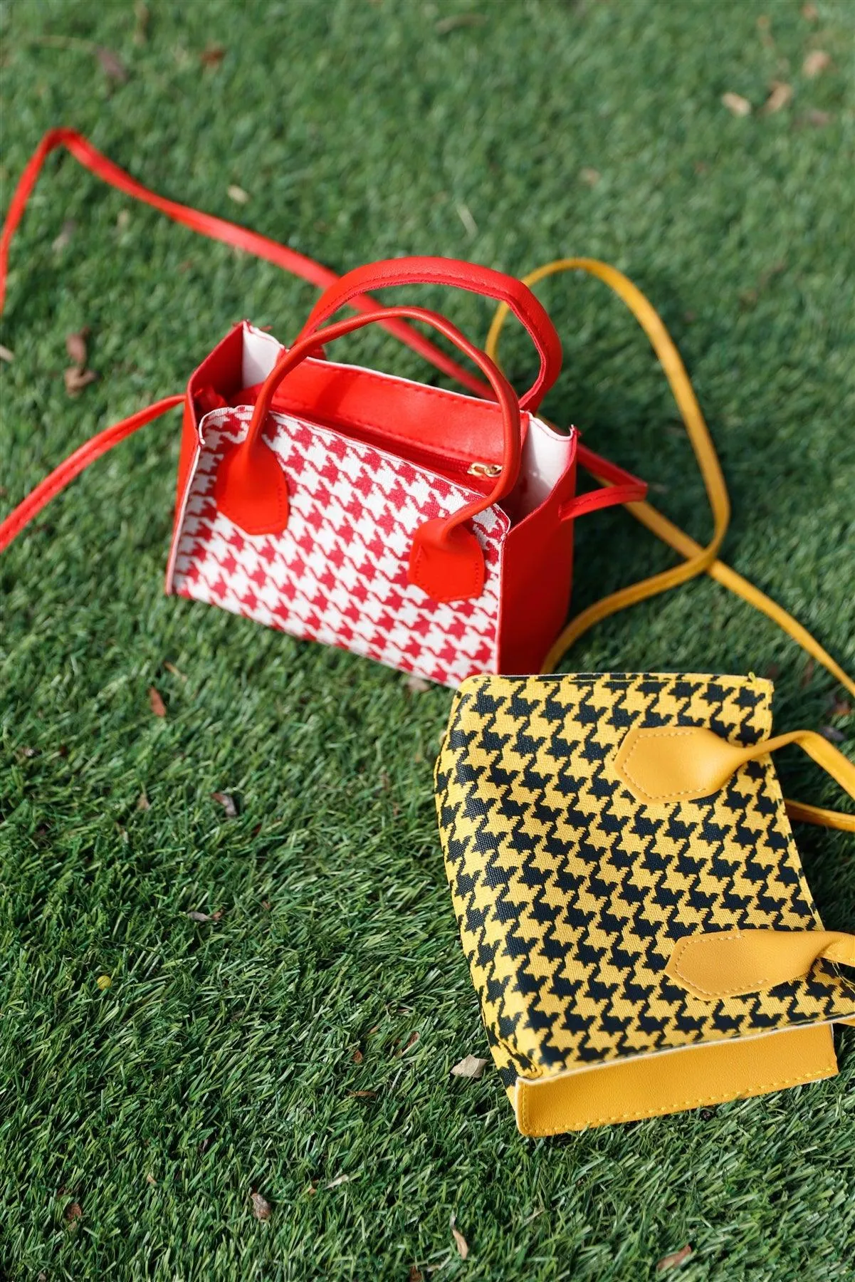 Black Yellow Houndstooth Two Handles Small Handbag