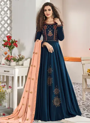 Blue And Peach Traditional Embroidered Anarkali Suit