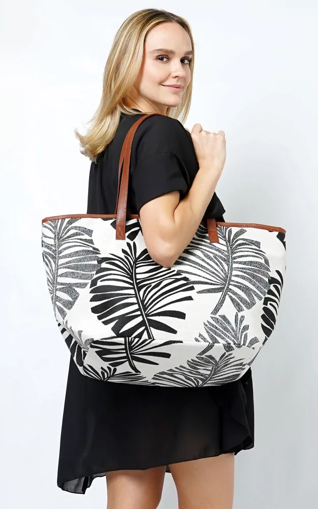 EBB11006 PALM LEAVES PRINT TOTE BAG