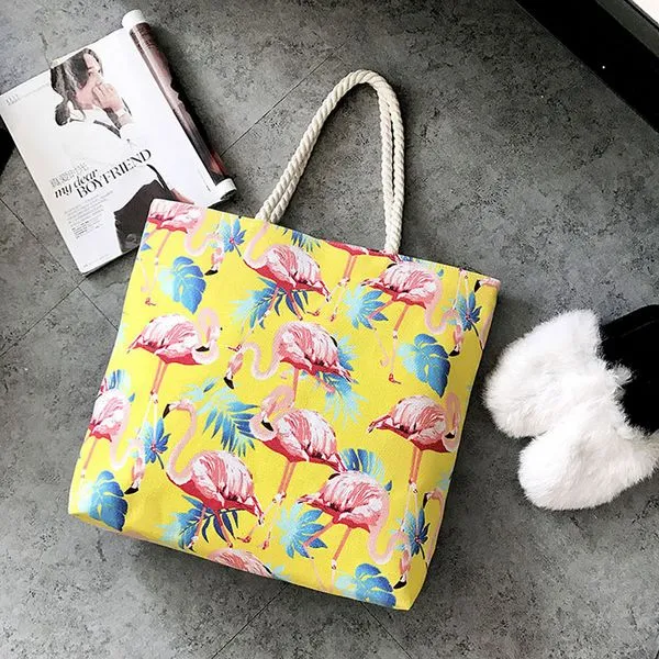 Flamingo Women Canvas Large Beach Shoulder Bag