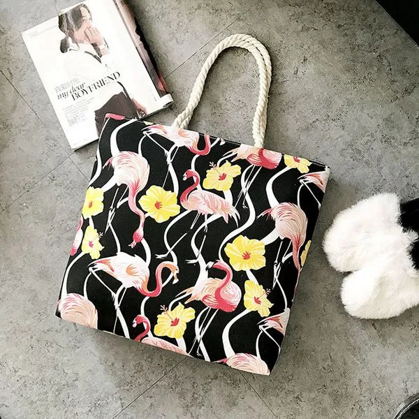 Flamingo Women Canvas Large Beach Shoulder Bag