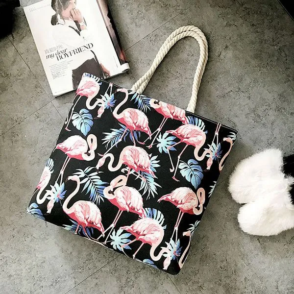 Flamingo Women Canvas Large Beach Shoulder Bag
