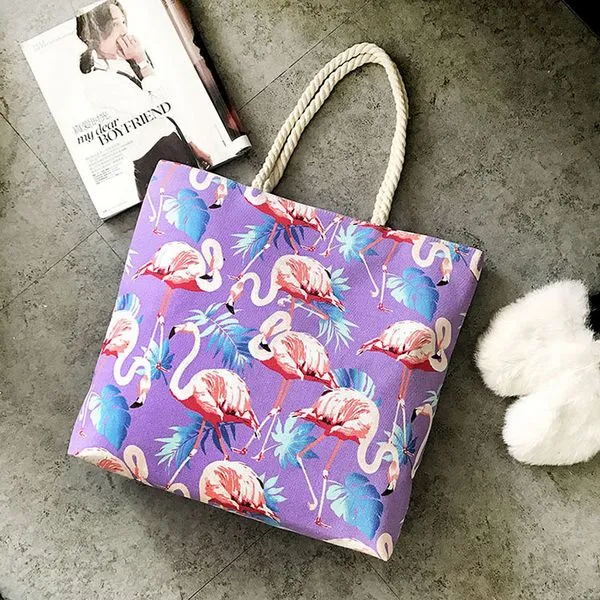 Flamingo Women Canvas Large Beach Shoulder Bag
