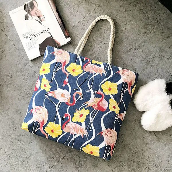 Flamingo Women Canvas Large Beach Shoulder Bag