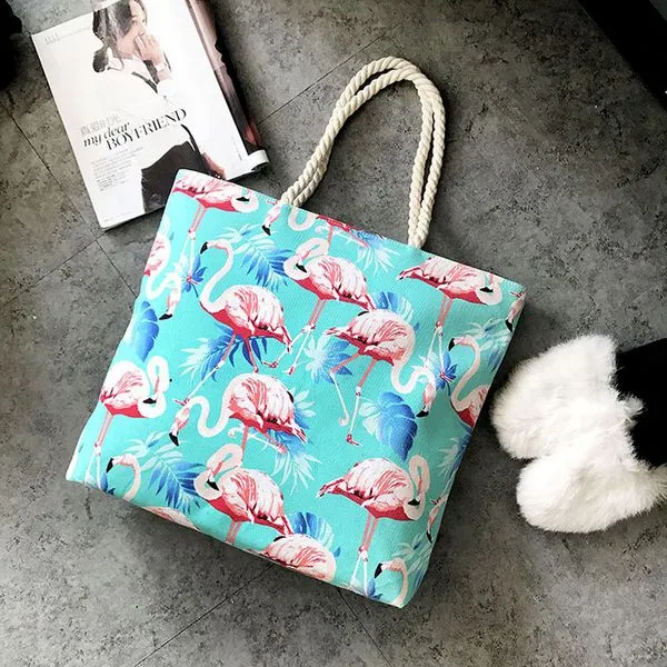 Flamingo Women Canvas Large Beach Shoulder Bag