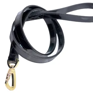Italian Black Patent Leather Dog Leash in Gold