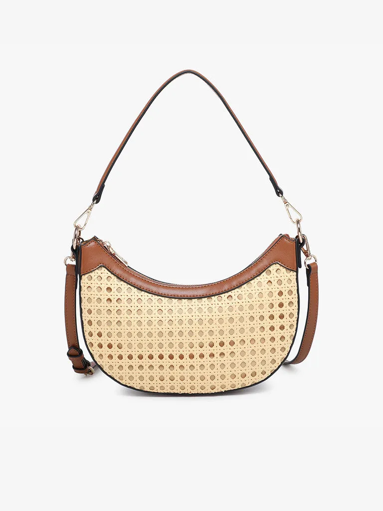 Jen & Co. Daisy Half-Moon Rattan Crossbody with Vegan Leather  Natural/Brown