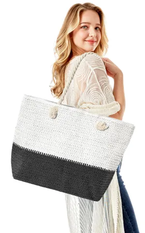 LOA376 Two Tone Straw Tote Beach Bag