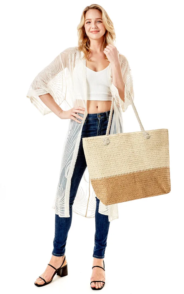 LOA376 Two Tone Straw Tote Beach Bag