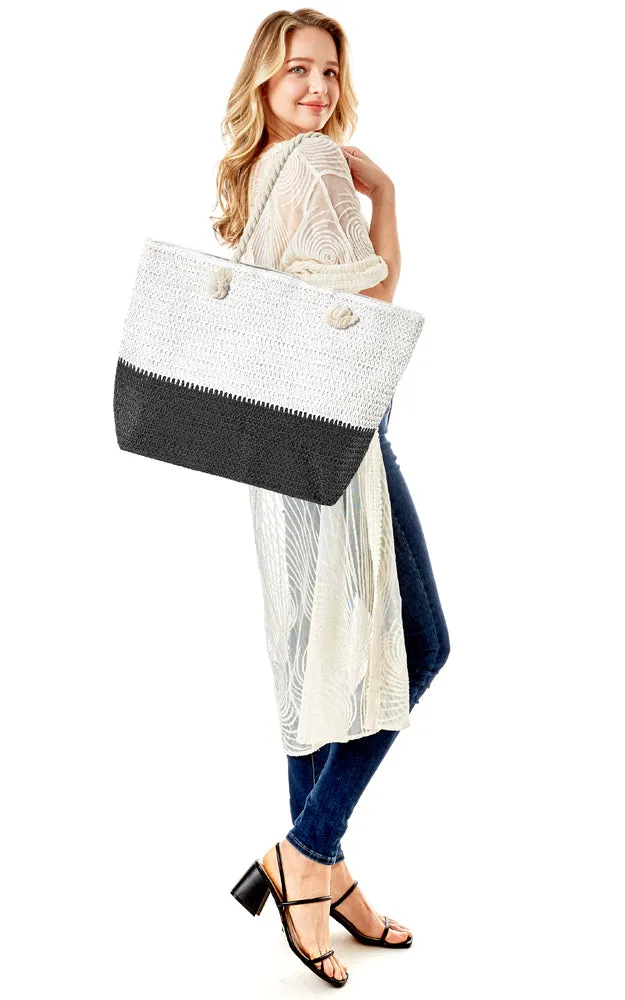 LOA376 Two Tone Straw Tote Beach Bag