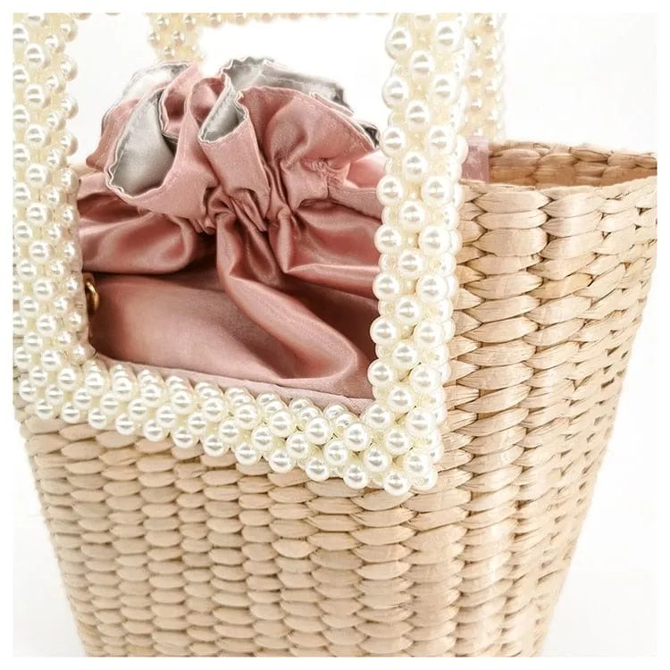 Lona Summer Pearl Straw Top Handle Beach Bag