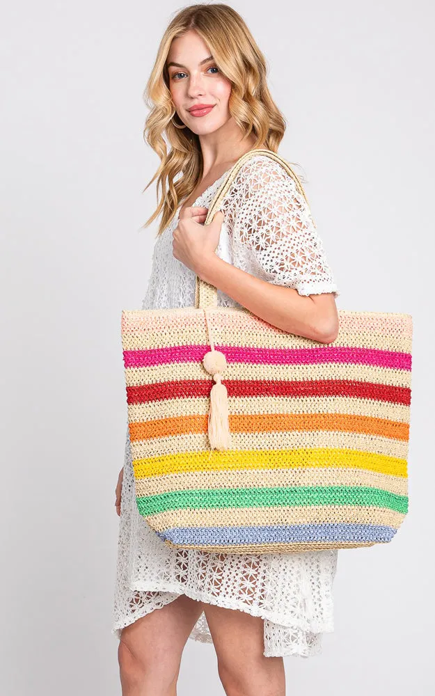 MB0205 POM POM TASSEL MULTI COLOR STRIPED STRAW CROCHET TOTE