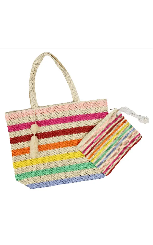 MB0205 POM POM TASSEL MULTI COLOR STRIPED STRAW CROCHET TOTE