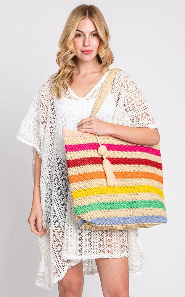 MB0205 POM POM TASSEL MULTI COLOR STRIPED STRAW CROCHET TOTE