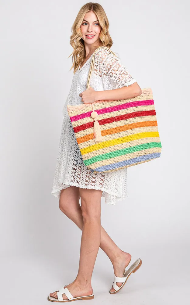MB0205 POM POM TASSEL MULTI COLOR STRIPED STRAW CROCHET TOTE