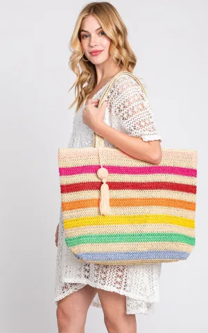 MB0205 POM POM TASSEL MULTI COLOR STRIPED STRAW CROCHET TOTE