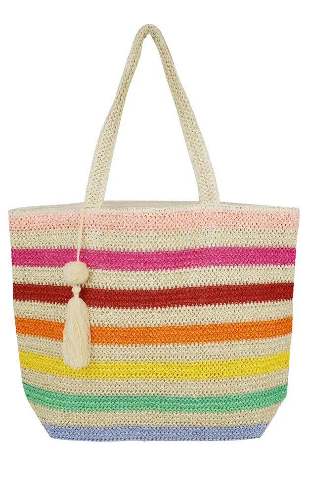 MB0205 POM POM TASSEL MULTI COLOR STRIPED STRAW CROCHET TOTE