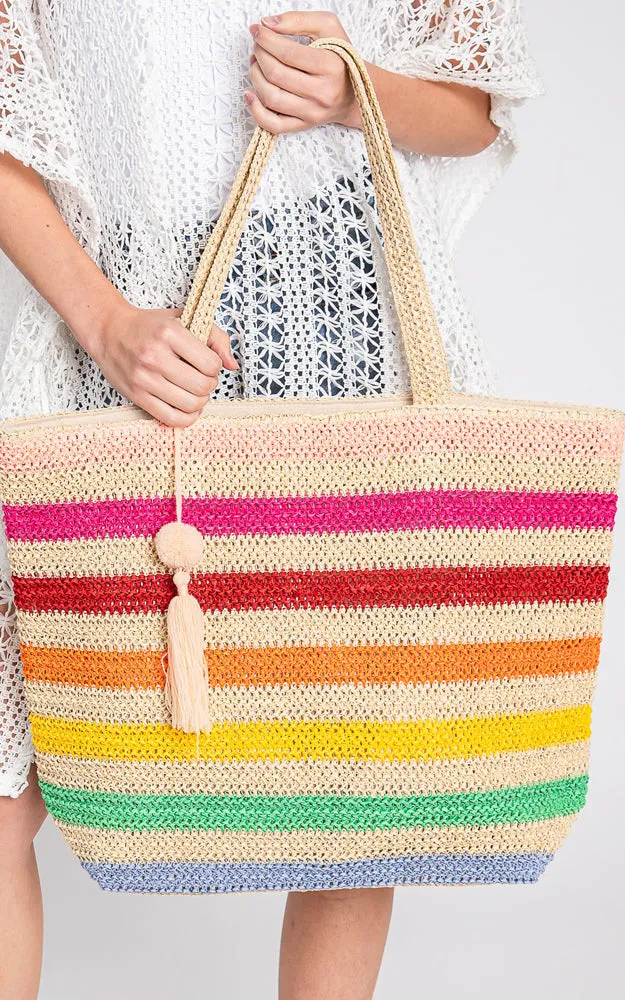 MB0205 POM POM TASSEL MULTI COLOR STRIPED STRAW CROCHET TOTE