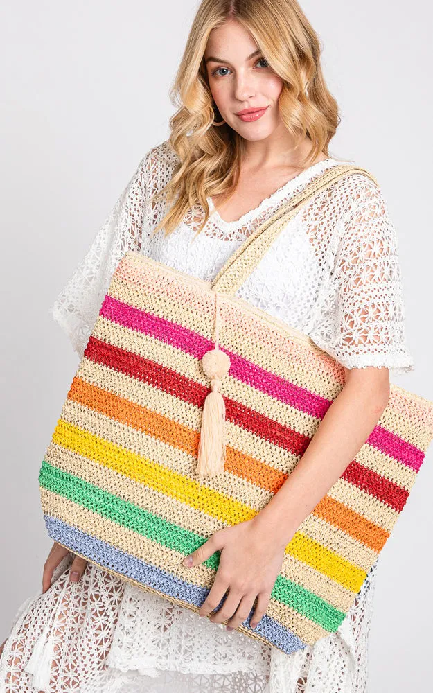 MB0205 POM POM TASSEL MULTI COLOR STRIPED STRAW CROCHET TOTE