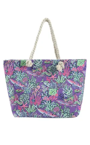 MB0224 HAND DRAWN SEA LIFE PRINT BEACH TOTE BAG