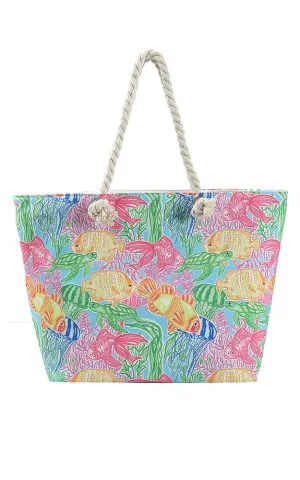 MB0225 HAND DRAWN FISH PRINT BEACH TOTE BAG