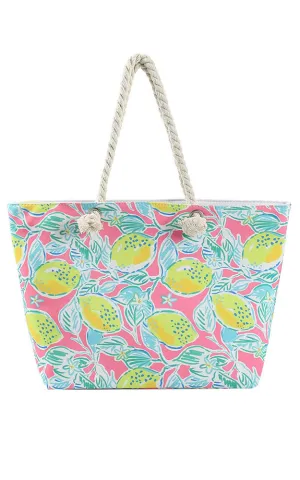 MB0228 HAND DRAWN LEMON PRINT BEACH TOTE BAG