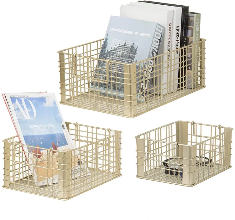 Metal Wire Gold Tone Nesting Storage Baskets with Handles, Set of 3