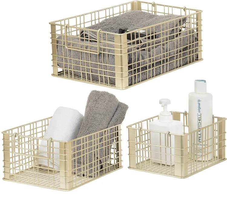 Metal Wire Gold Tone Nesting Storage Baskets with Handles, Set of 3