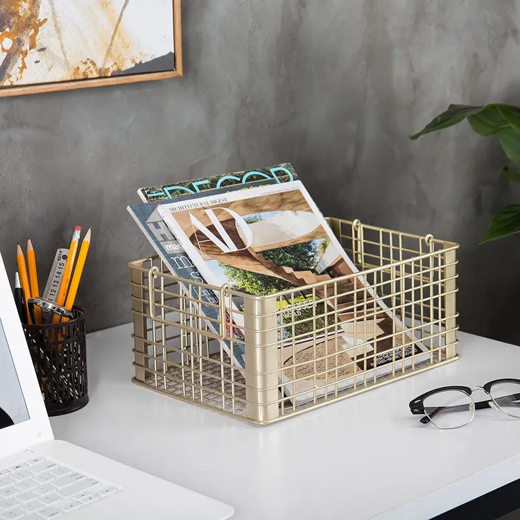 Metal Wire Gold Tone Nesting Storage Baskets with Handles, Set of 3