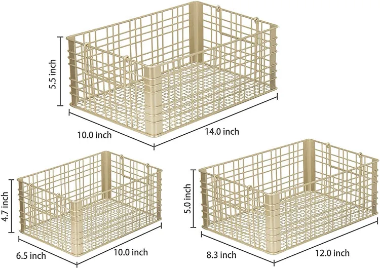Metal Wire Gold Tone Nesting Storage Baskets with Handles, Set of 3