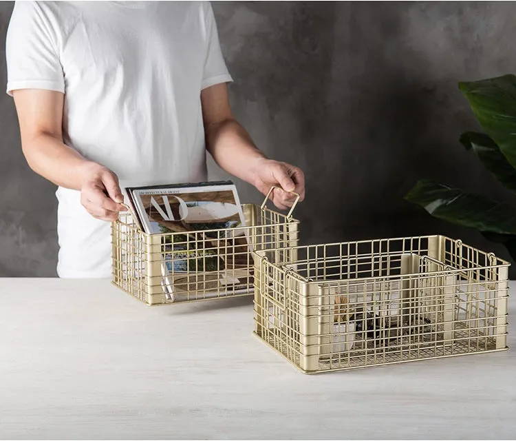 Metal Wire Gold Tone Nesting Storage Baskets with Handles, Set of 3