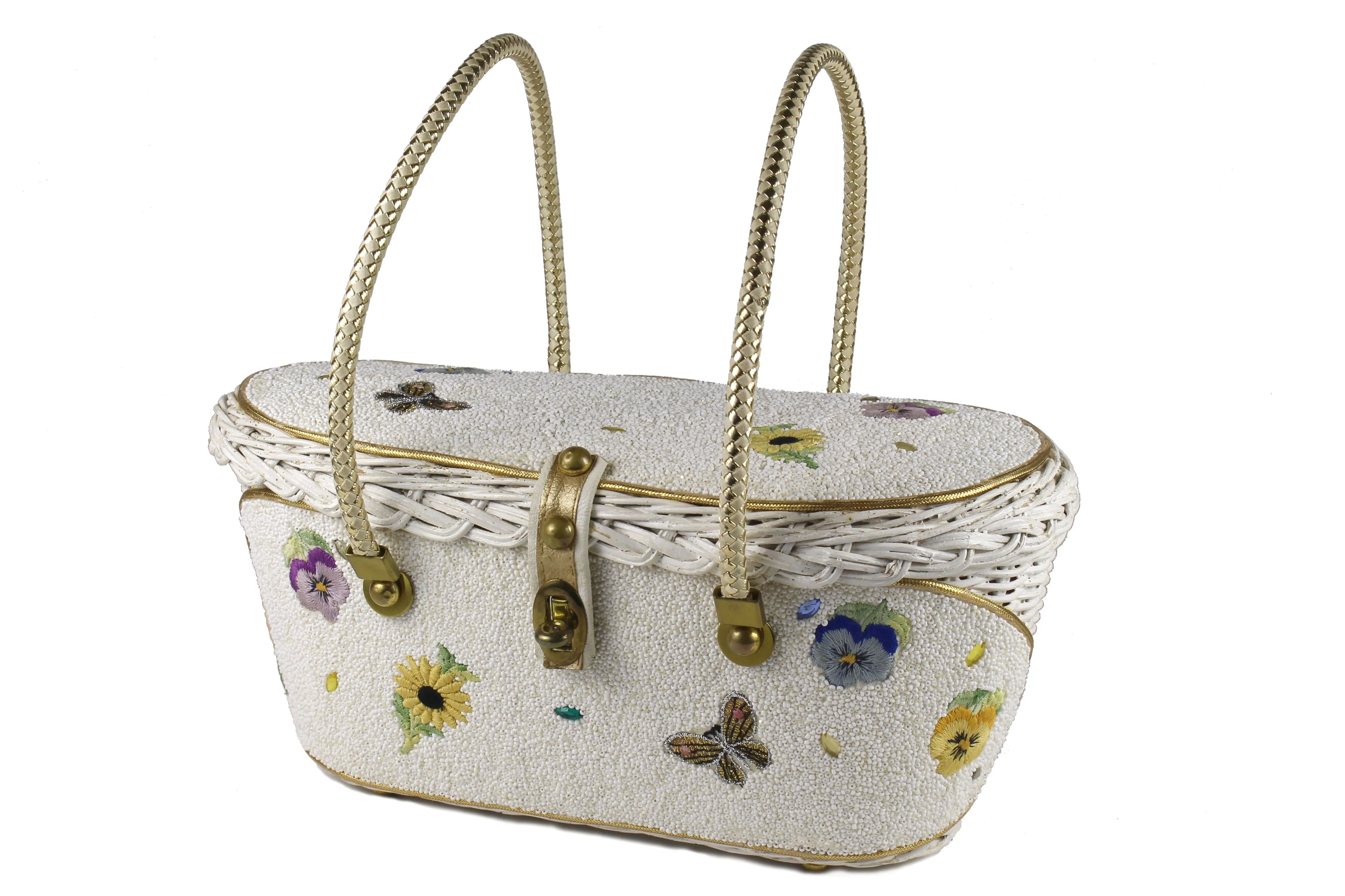 MIDAS OF MIAMI wicker and white beads bag