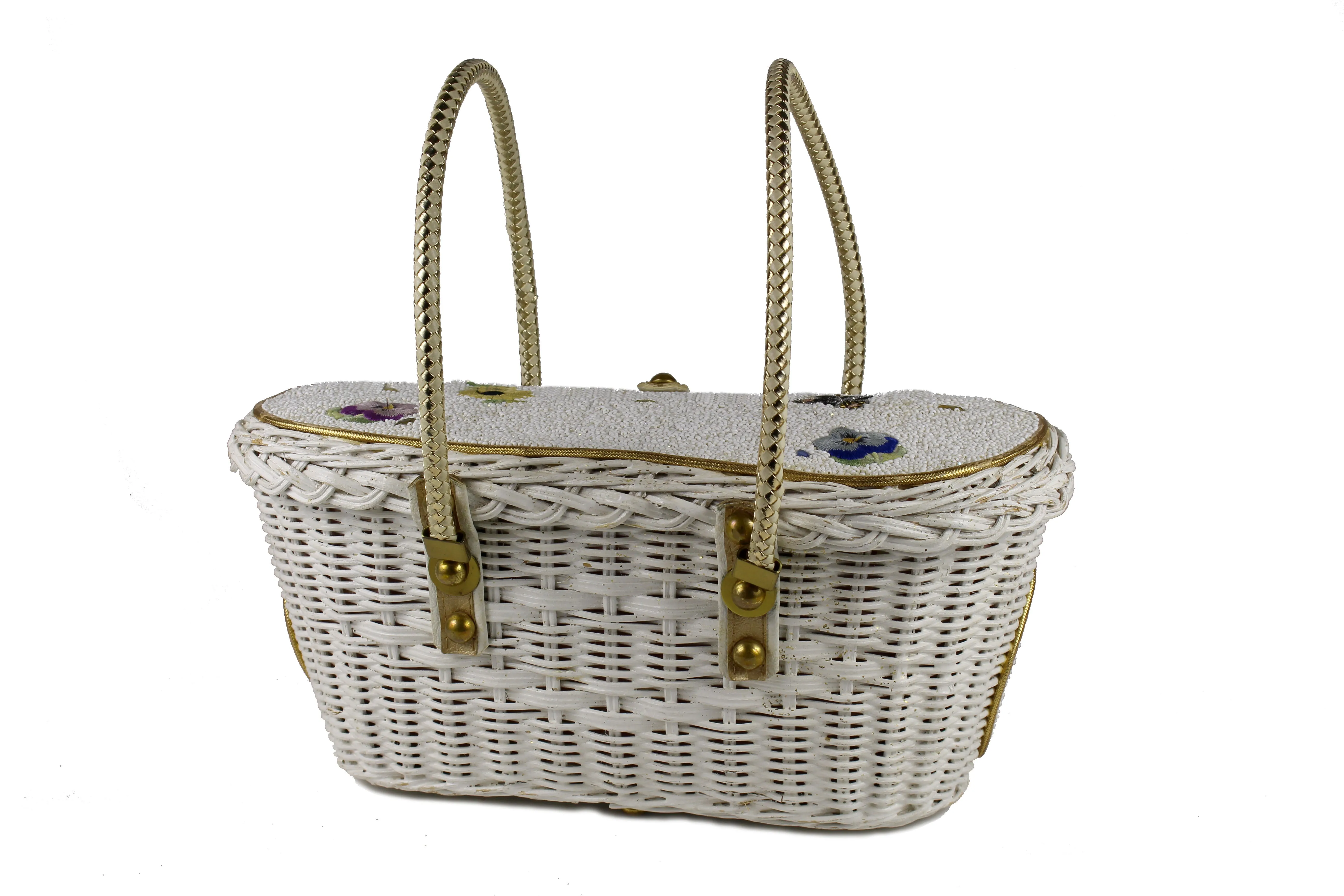MIDAS OF MIAMI wicker and white beads bag