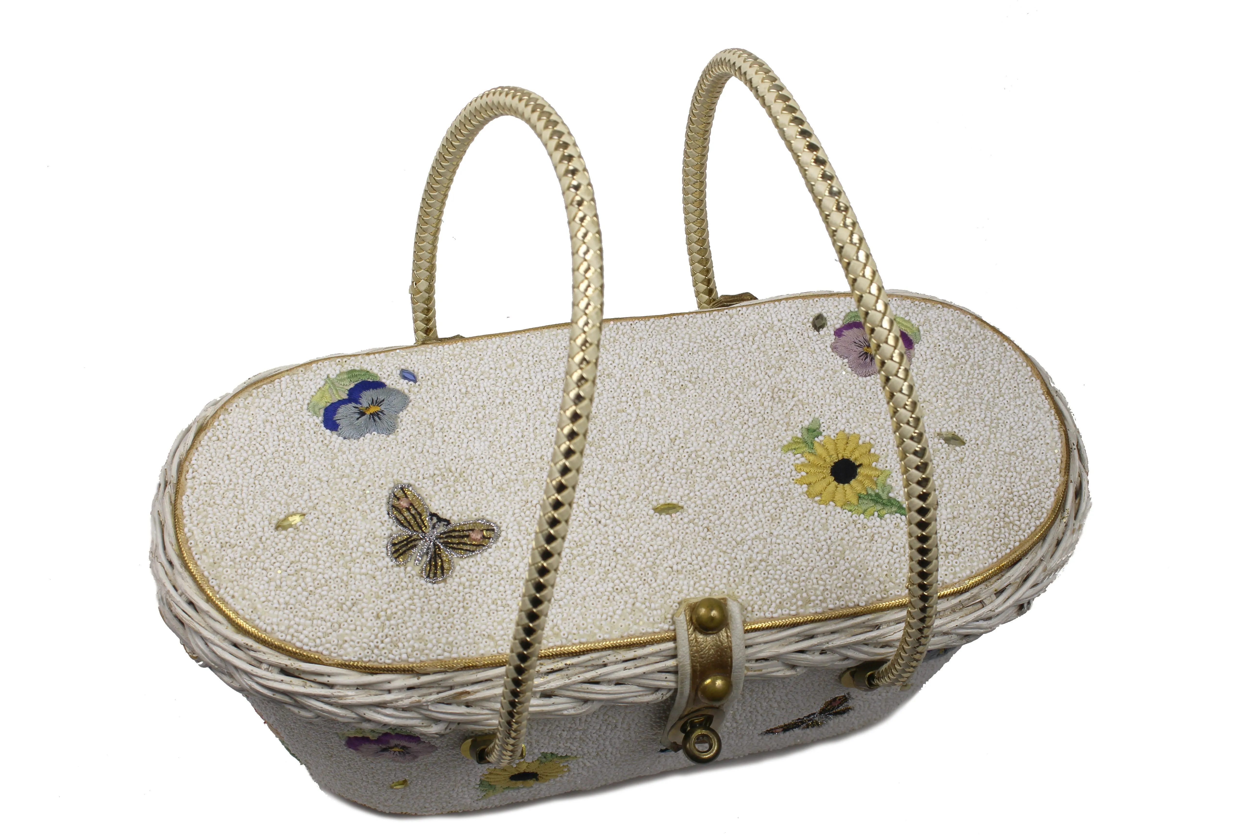 MIDAS OF MIAMI wicker and white beads bag
