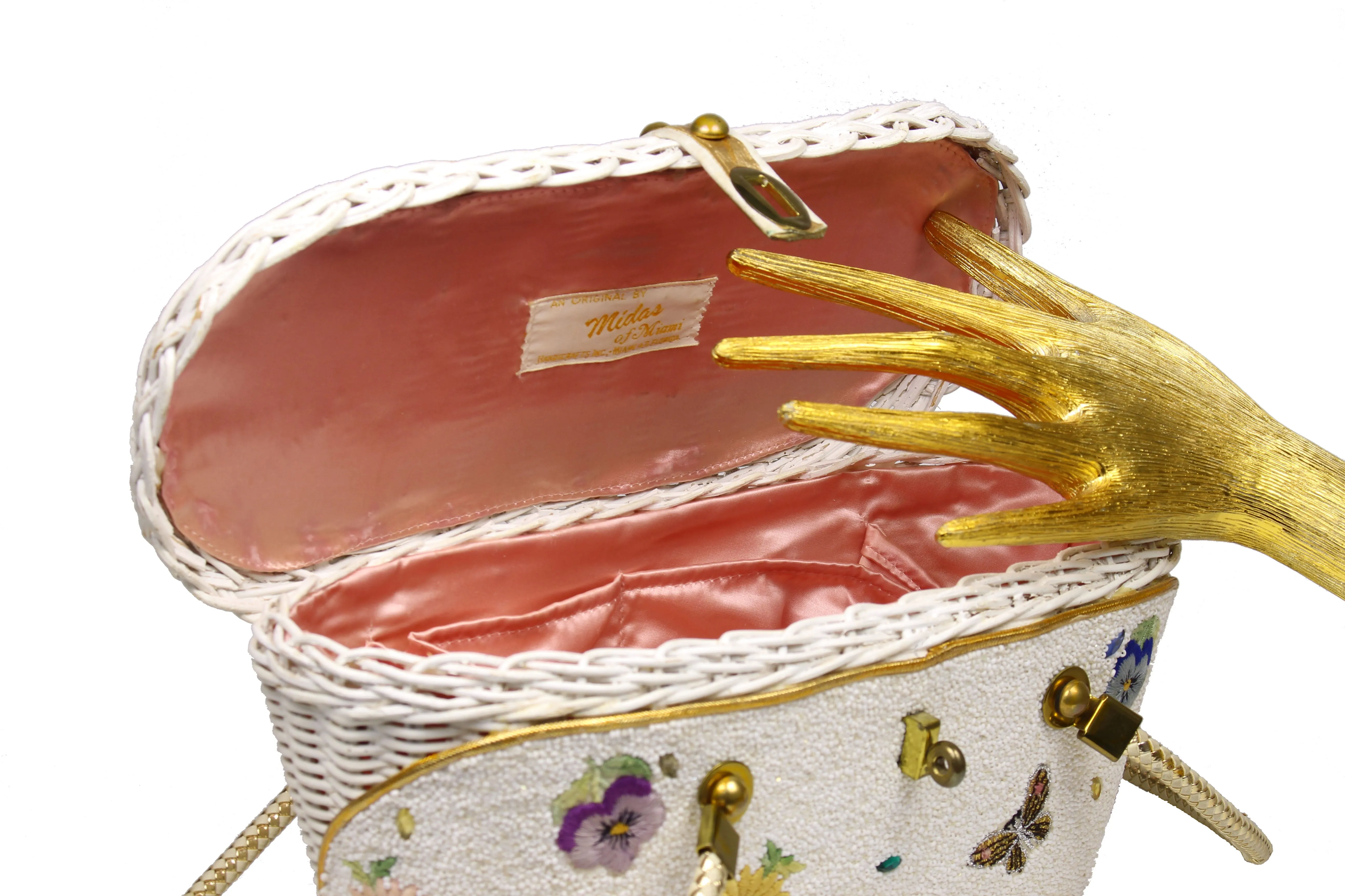 MIDAS OF MIAMI wicker and white beads bag