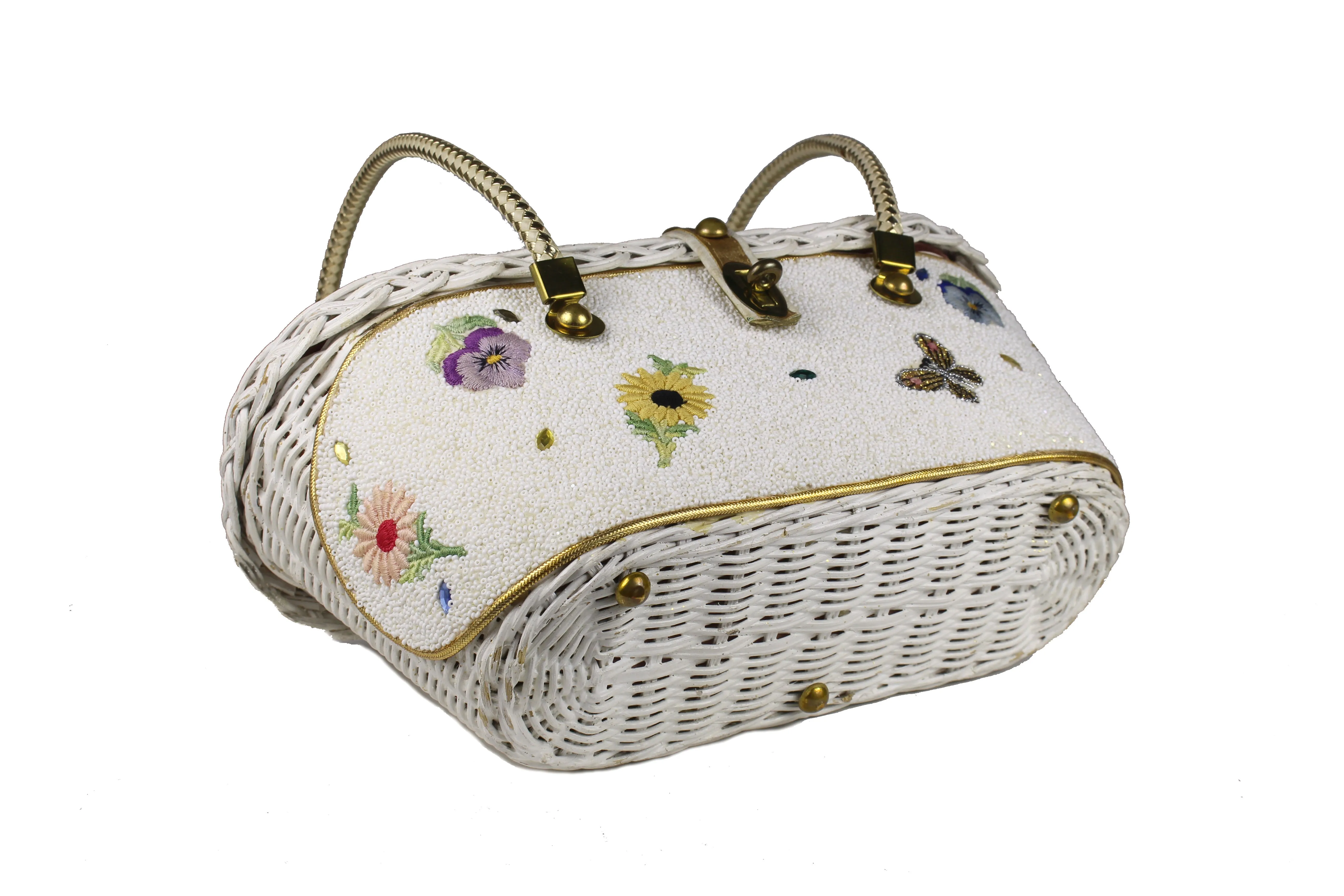 MIDAS OF MIAMI wicker and white beads bag