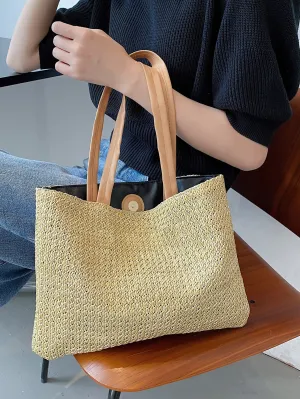 Minimalist Straw Shoulder Tote Bag