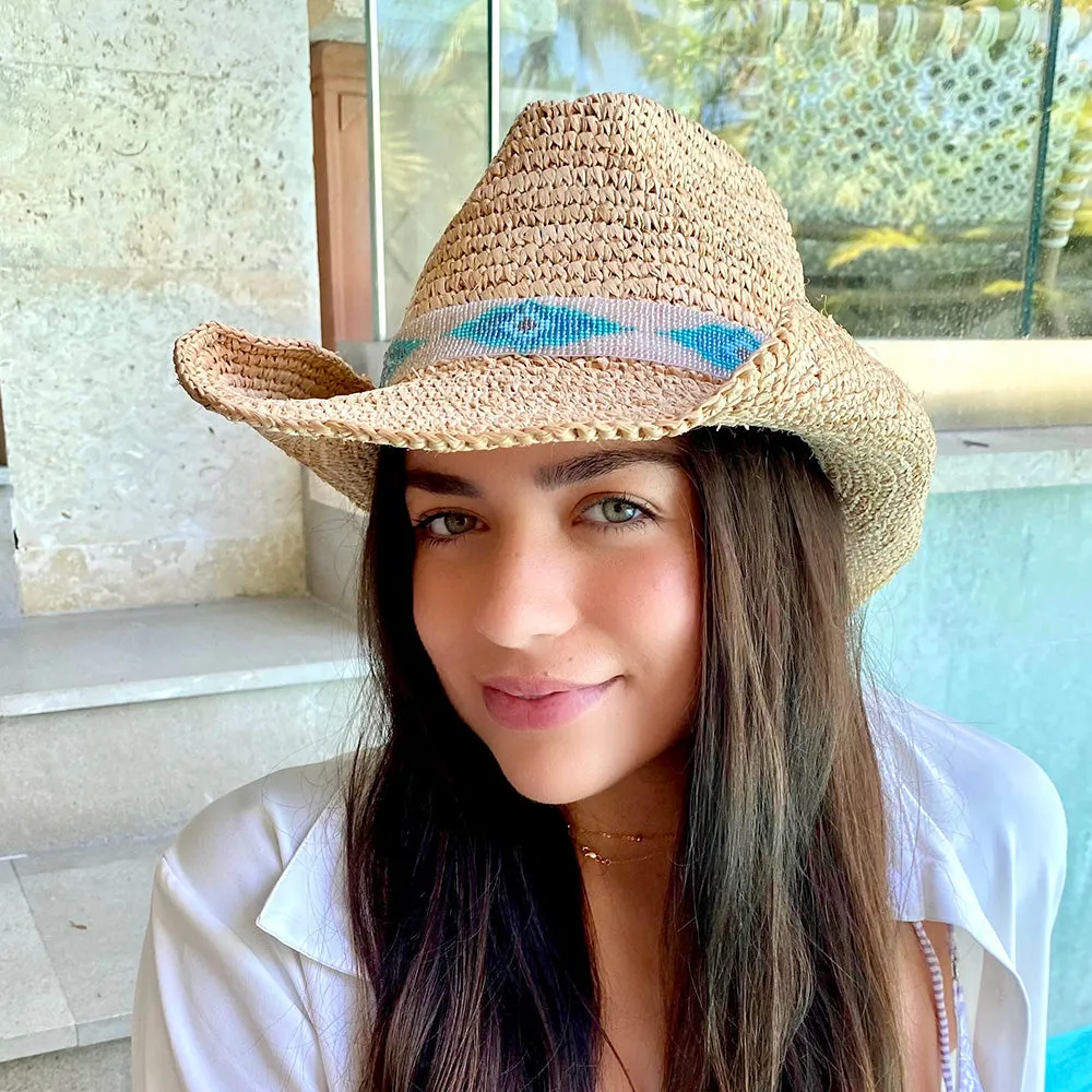Nikki Beach Blue Jaye Crochet Raffia Cowgirl Hat