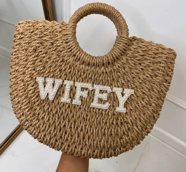 Personalised Embellished Diamante Initial Straw Beach Bag. Personalised Beach Bag. Woven Patch Beach Bag. Initial Woven Beach Bag.