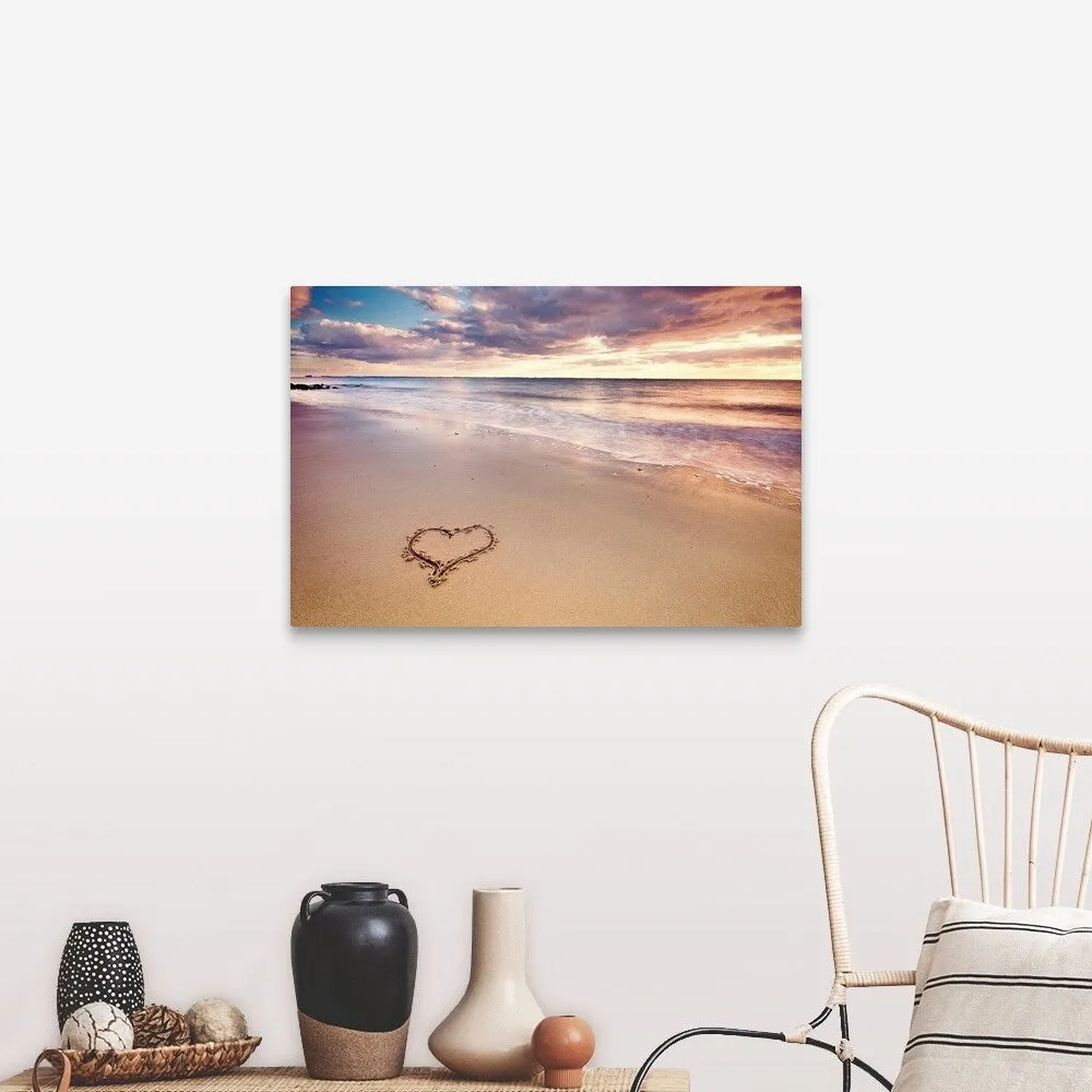 "A heart in the sand on a dutch beach during sunset." Canvas Wall Art