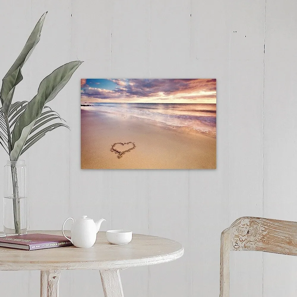 "A heart in the sand on a dutch beach during sunset." Canvas Wall Art