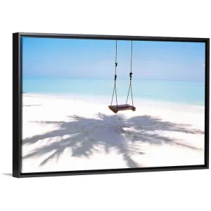 "Beach swing and shadow of palm tree on sand" Black Float Frame Canvas Art