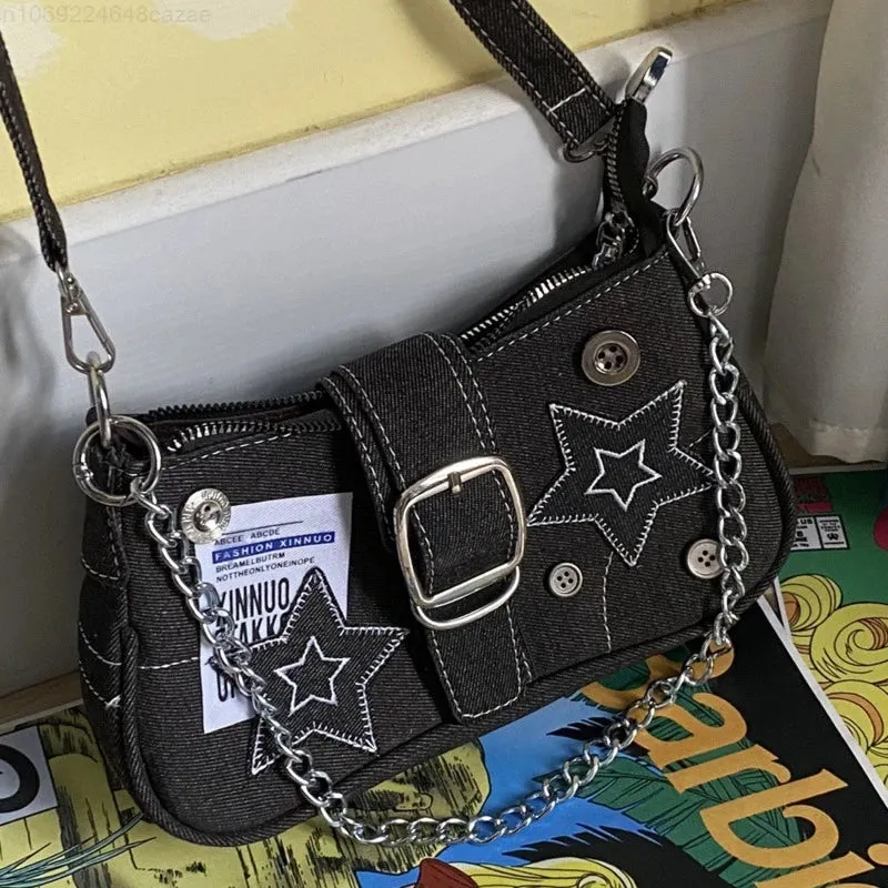 Sohiwoo Y2k Fashion Women's Handbags Stars Pattern Cool Girl Underarm Bag Vintage Canvas Female Shoulder Bag Chain Crossbody Tote Purses